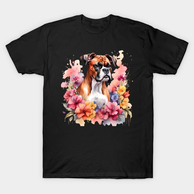 A boxer dog decorated with beautiful watercolor flowers T-Shirt by CreativeSparkzz